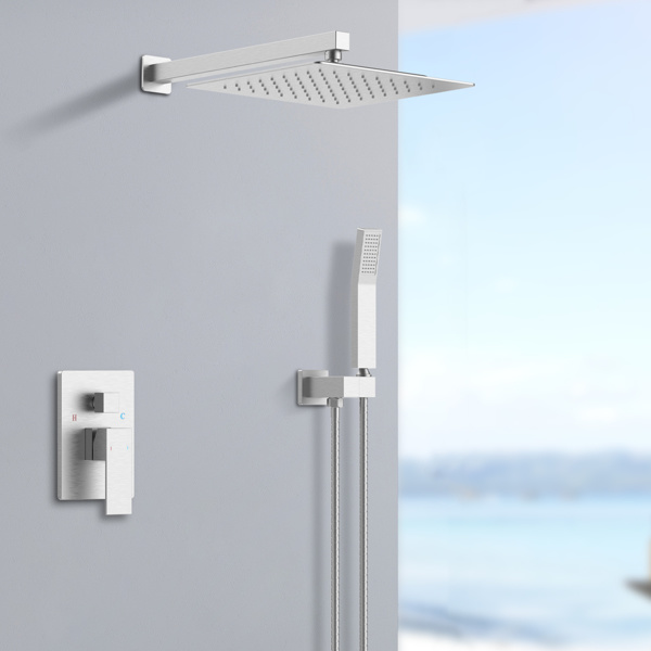 dropship Shower System Shower Faucet Combo Set Wall Mounted with 12" Rainfall Shower Head and handheld shower faucet, Brushed Nickel Finish with
