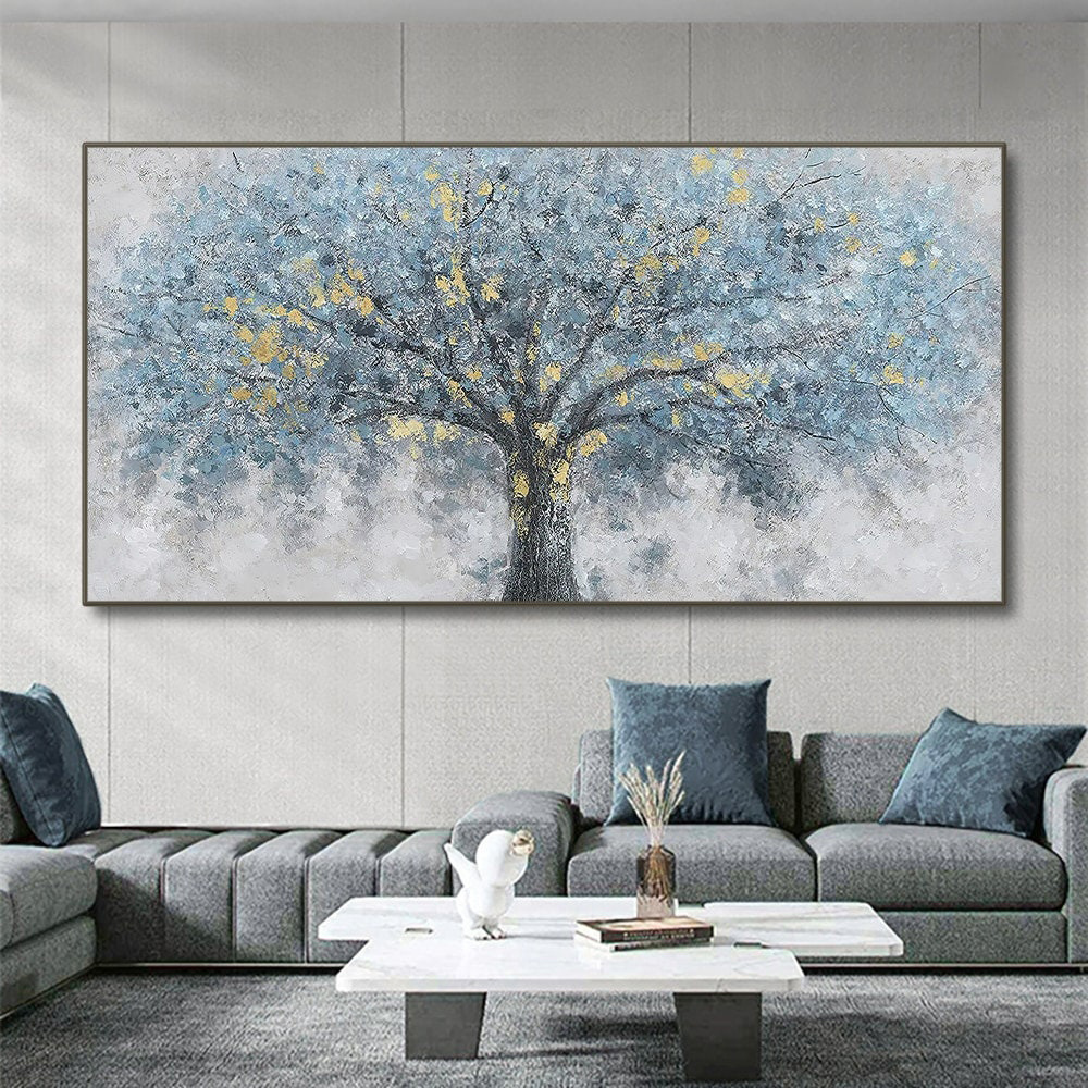 dropship Hand Painted Oil Painting Oil Painting on Canvas Tree Blue Abstract Trees Landscape Modern Oil Painting Original Hand Painted Painting Modern Art