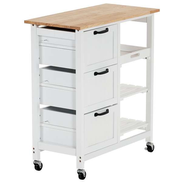 dropship 76*37*84cm Three Drawers Three Layers Black Handle Rubber Wood Log Color Table White Spray Paint Dining Car