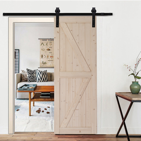 dropship 30 in. x 84 in. Unfinished Sliding Barn Door with 5.5FT Barn Door Hardware Kit & Handle ; K Frame; Solid Spruce Wood; Requires Simple DIY Assembly