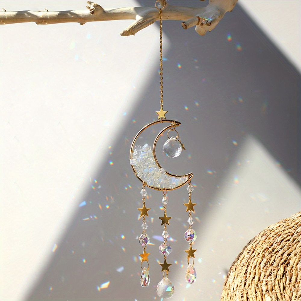 dropship 1pc Rainbow Maker Sun Catcher - Indoor/Outdoor Window Prism Moon Mini Dream Catcher with Crystals and Healing Stones - Garden Tree Decorations