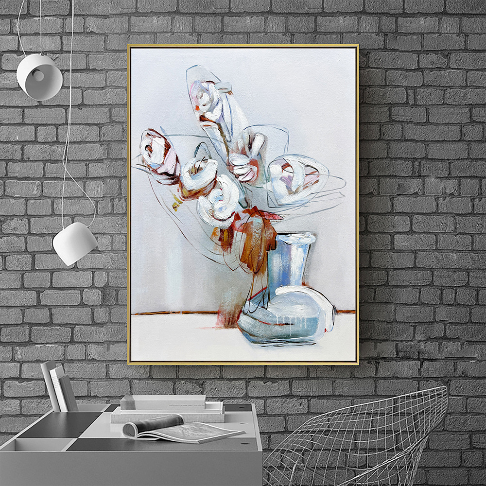 dropship Hand Painted Oil Painting Abstract White Flowers Oil Painting Large Original Floral Canvas Wall Art Modern Living Room Flower Painting Bedroom Decor