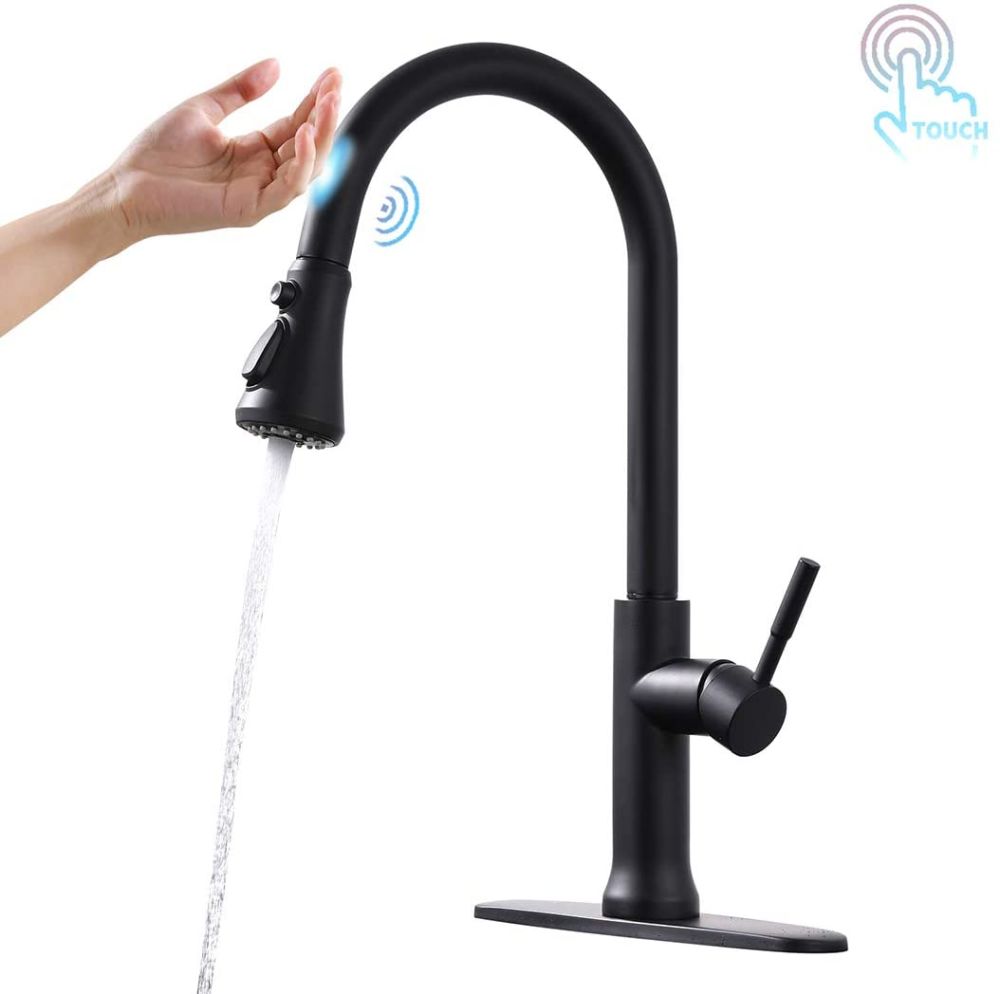 dropship FLG Touch-On Kitchen Faucet with Pull Down Sprayer Single Handle Brass Touch Activated Kitchen Sink Faucet with 2-Way Pull Out Sprayer, Matte Black