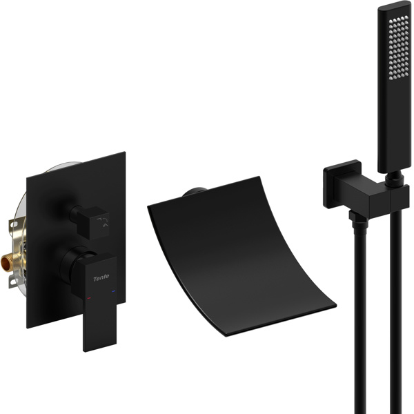 dropship Male NPT Waterfall Shower head with Handheld, Matte Black Bathtub Shower Faucet with High Flow Wall Mount Tub Faucet, Single Handle Bathroom Tub Mixer Tap Hand Shower System with Curved Spout Commerci