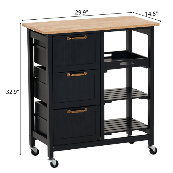 dropship 76*37*84cm Three Drawers Three Layers Bronze Color Handle Rubber Wood Log Color Table Top Black Spray Paint Dining Car