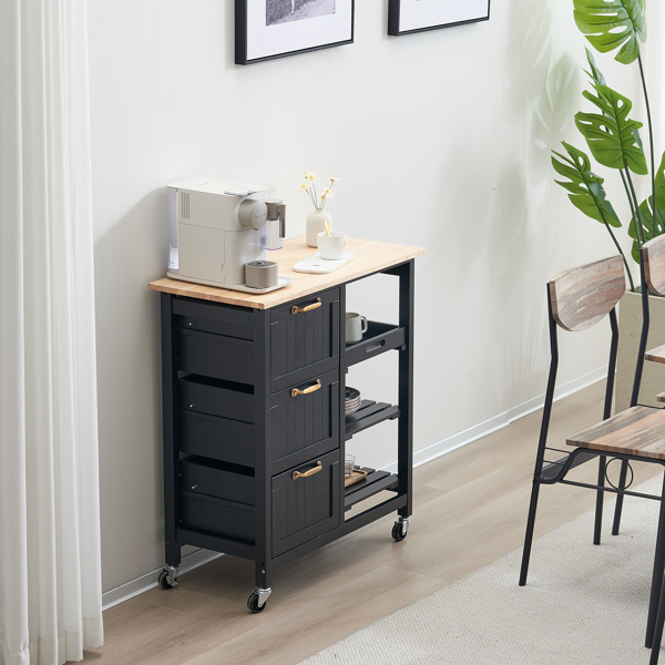 dropship 76*37*84cm Three Drawers Three Layers Bronze Color Handle Rubber Wood Log Color Table Top Black Spray Paint Dining Car