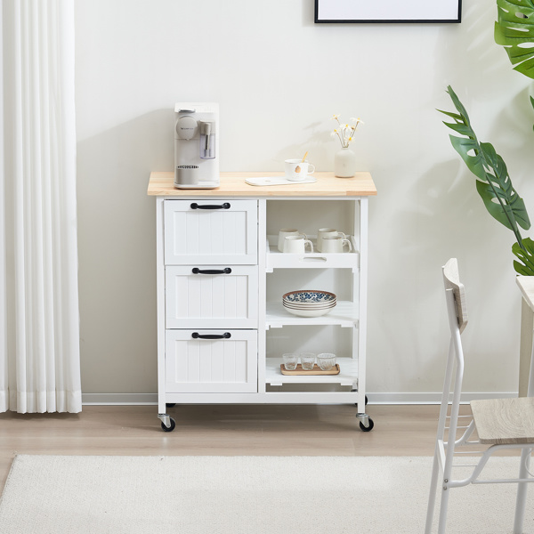 dropship 76*37*84cm Three Drawers Three Layers Black Handle Rubber Wood Log Color Table White Spray Paint Dining Car