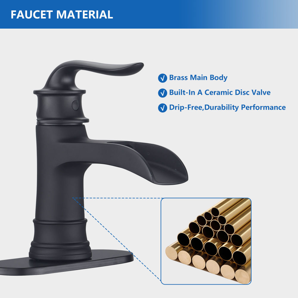 dropship Black Waterfall Bathroom Faucet Single Handle Deck Plate,Bathroom Faucet Single Hole with Pop Up Drainer