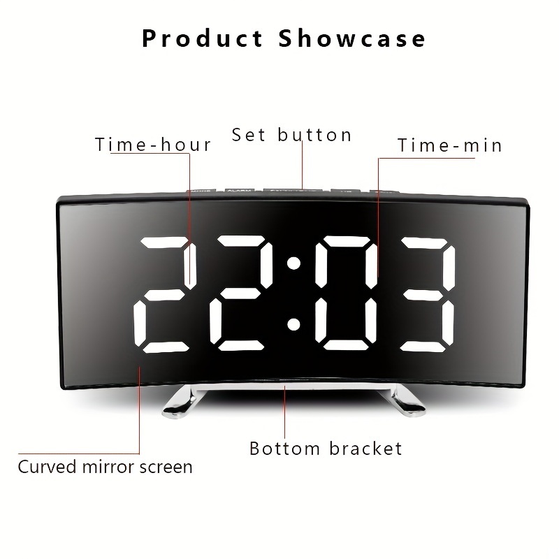dropship 1pc Led Alarm Clock, Mirror Curved Screen, Digital Alarm Clock With Sleep Temperature For Students Bedroom, Living Room, Office And School